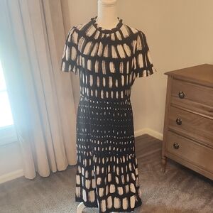 Maggy London Black Midi Dress with Cream Brushstroke Print